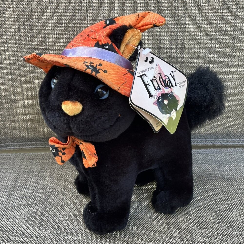 Vintage Halloween Friday Stuffed Black Cat Plush Sears Exclusive‎ with Witch Hat
